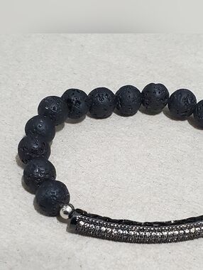 Black Lava Stone Beaded Bracelet with Pave Accent